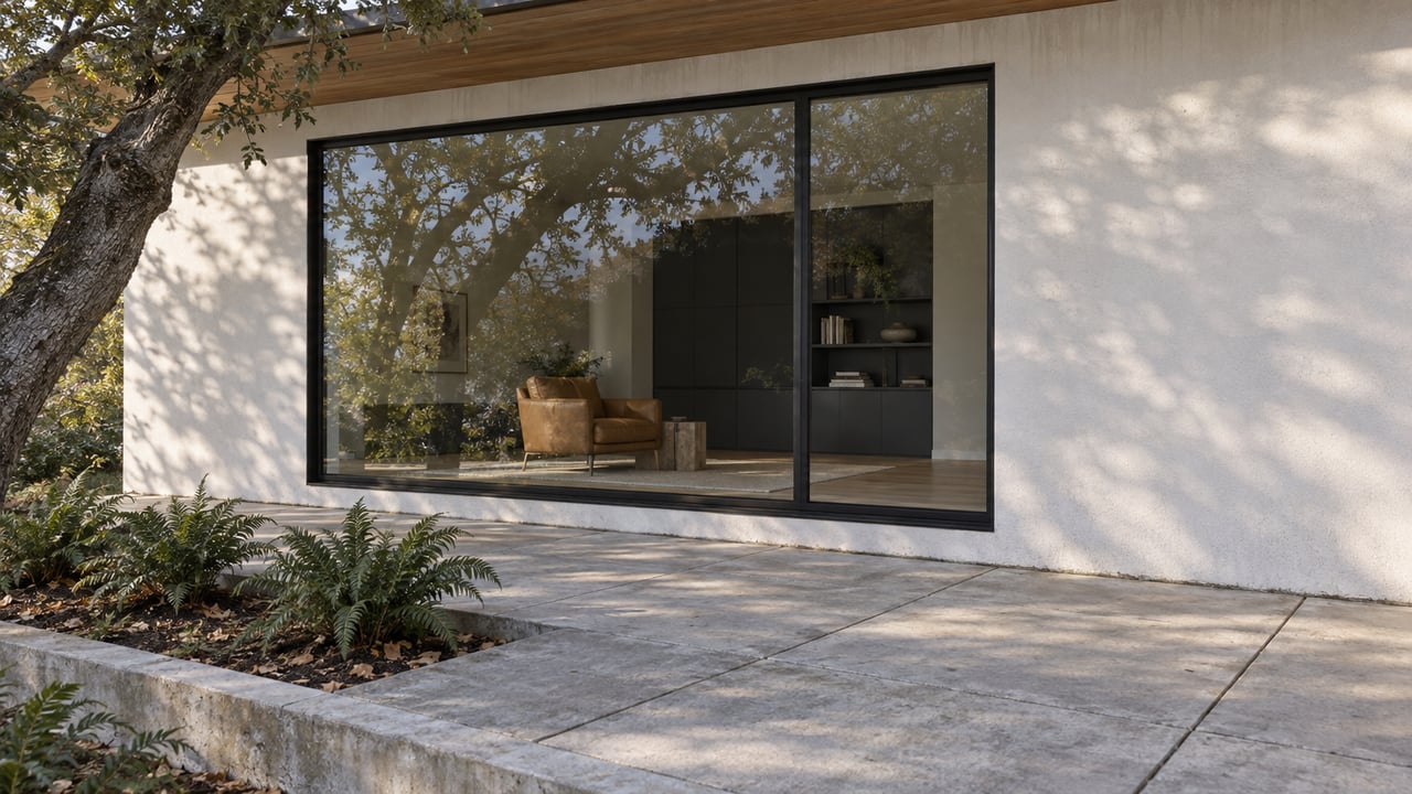 Black-framed picture window and pale plaster above a concrete garden terrace, with an oak canopy and three sword ferns.