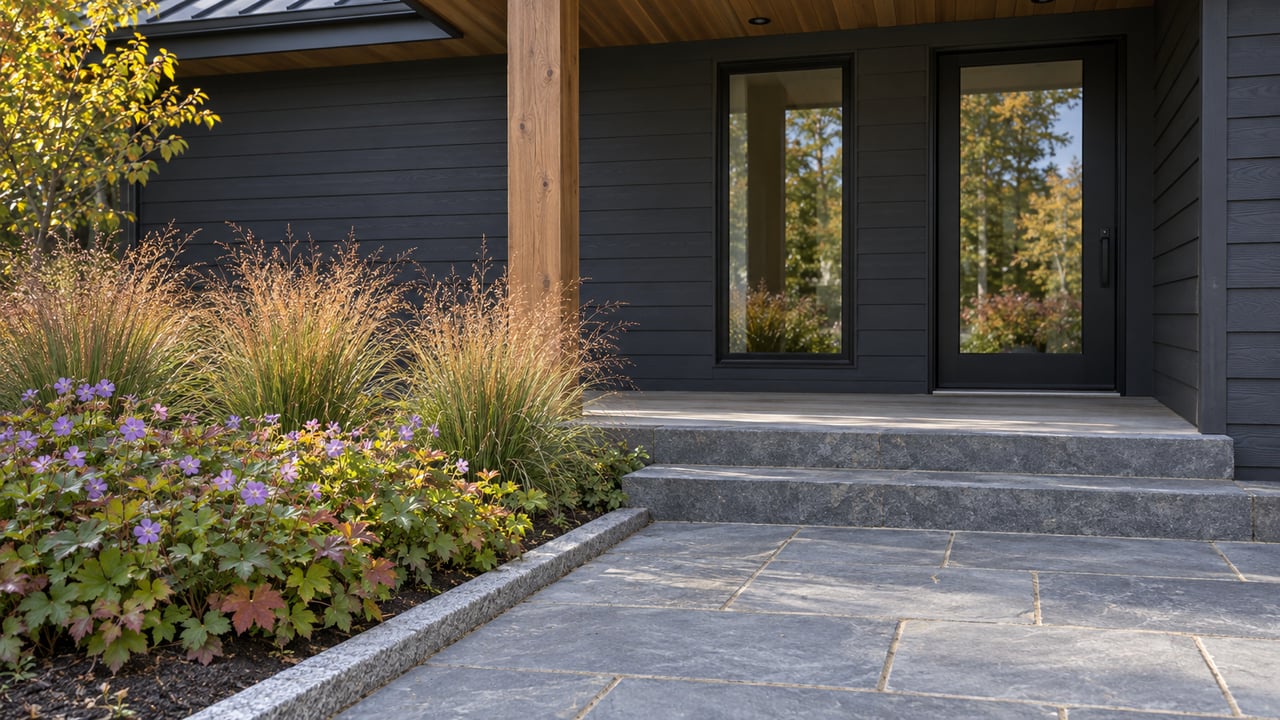 Charcoal cedar home with a covered timber porch, bluestone steps and a planted bed of wild geranium and prairie dropseed.