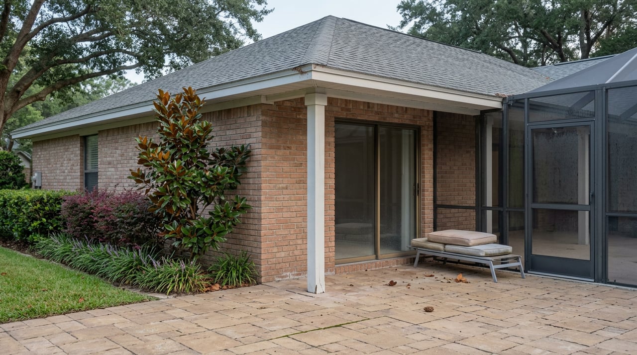 Brick home patio beneath live oak canopy, with a screened enclosure, tan pavers, and burgundy shrubs.