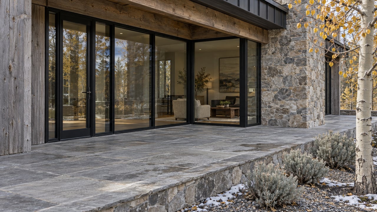 A charcoal timber and stone home opens onto a clear stone terrace beside sagebrush and a yellow-leaved aspen, with traces of early snow along the raised edge.