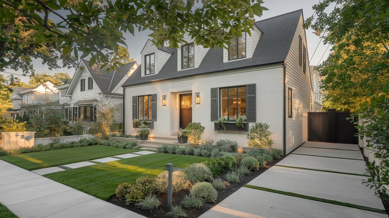 White two-story house with steep gray roof, glowing windows, landscaped lawn, and a concrete driveway.