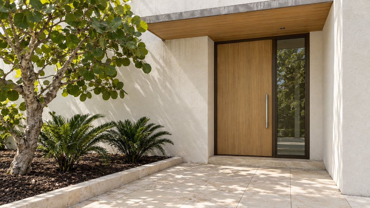 Modern home entrance with a broad wooden door, covered entry, and leafy landscaping.