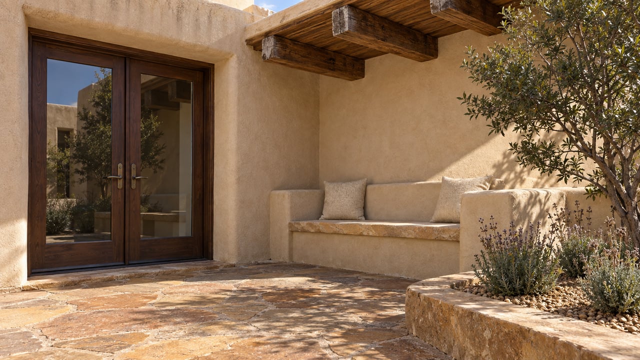 Sand-colored stucco courtyard with paired glazed wood doors, shaded sandstone seating and worn flagstone paving beside a raised planting bed.