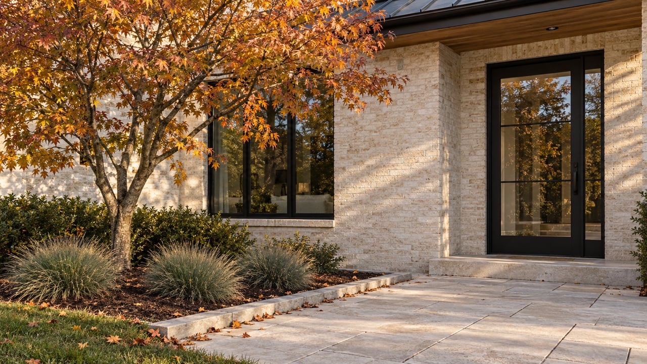 Off-white brick house with black-framed glass door, maple tree, and limestone-paver approach.