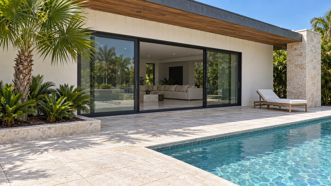 Sunlit stucco home with a shaded timber soffit, black-framed glass doors, limestone pool terrace, and a fan palm.