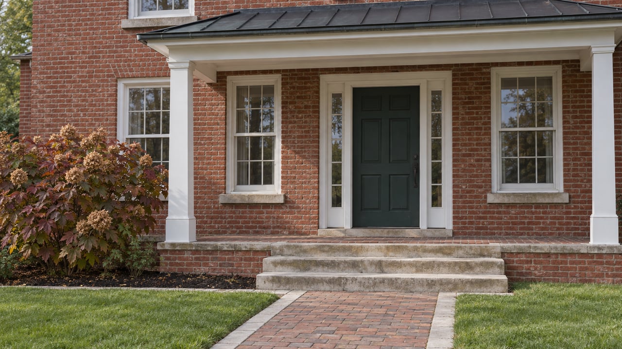 Brick house entrance with a dark green door, paired white sash windows, limestone steps and autumn oakleaf hydrangea beside a lawn.