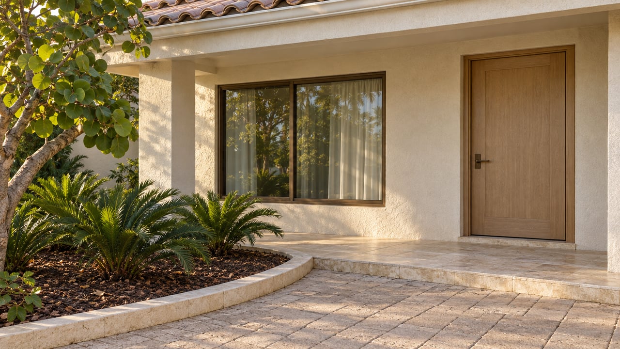 Cream stucco home with a sheltered oak entry door, bronze-framed window and limestone landing beside a curved planted bed.