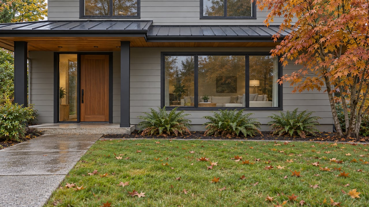 Autumn lawn and damp concrete approach leading to a cedar entrance beside broad windows, with copper-orange vine maple foliage and sword ferns.