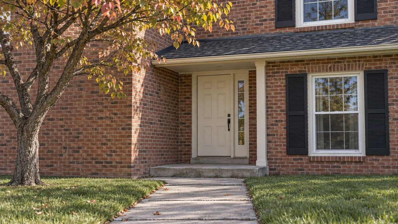 Two-story brick house corner with recessed paneled entry, shuttered window, redbud tree, and concrete walk.