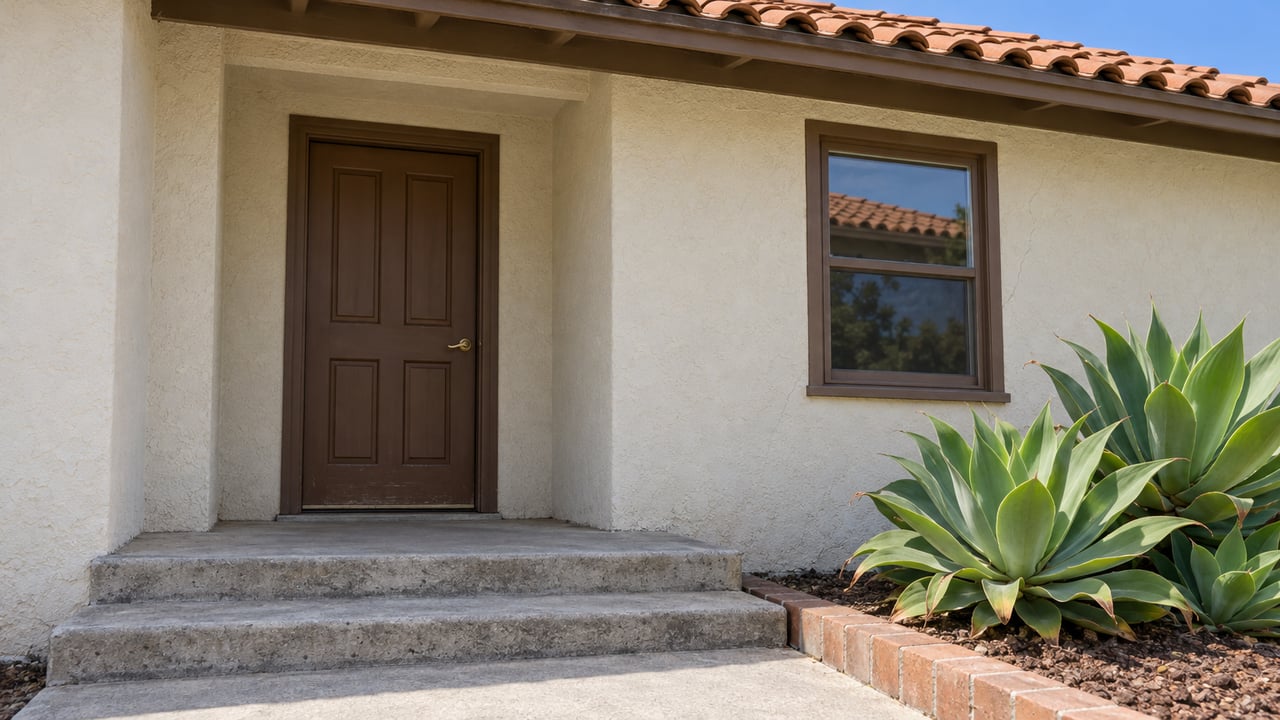 Close view of a cream stucco home's shaded wood entry door, clay tile roof, concrete steps and agave planting.