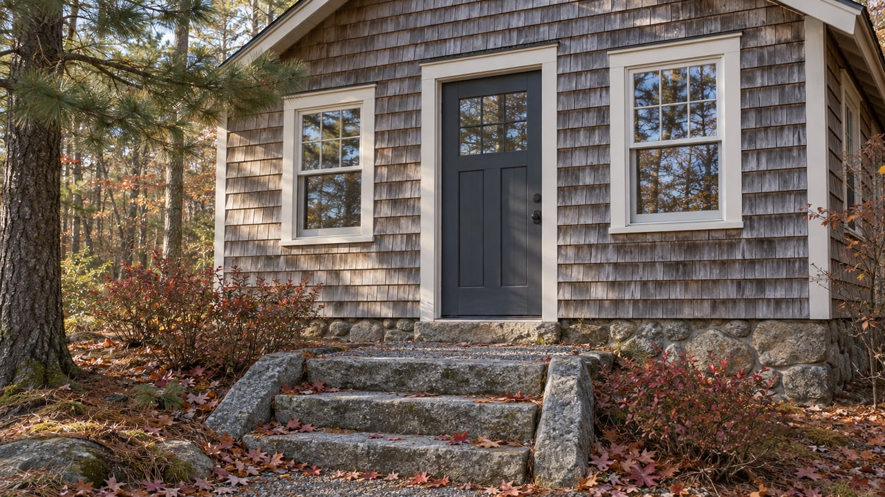 Weathered lakeside cottage entry with a slate door, granite steps, autumn leaves, and a pine at the edge.