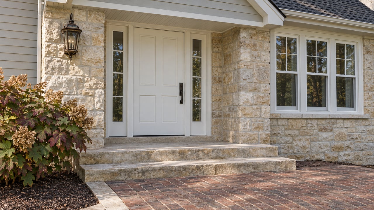 Traditional home entry with white door and sidelights, buff limestone, a brick approach and autumn oakleaf hydrangea.
