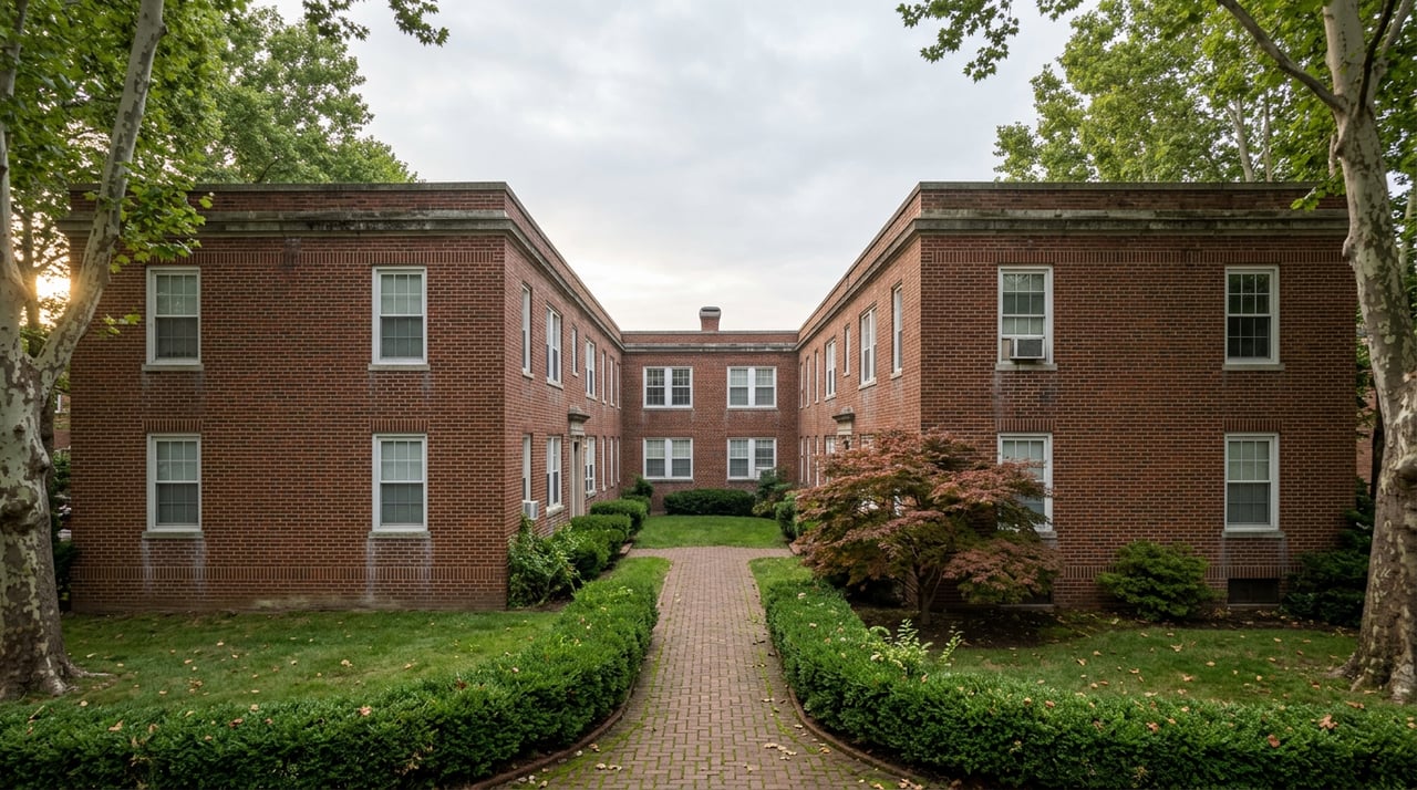Brick apartment wings frame a courtyard lawn and curving paver walkway, lined with hedges and mature trees.