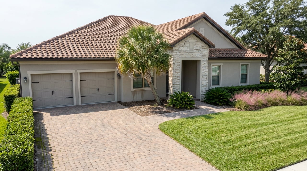 Florida stucco home with terracotta tile roof, stone entry, paver driveway, palmetto, clipped hedge, and live oak.