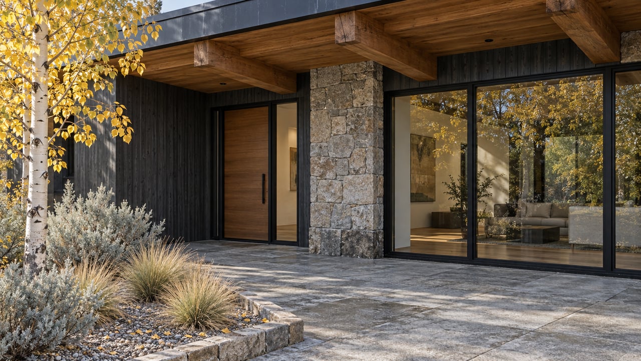 Timber-covered home entry with charcoal siding, buff-gray stone, large glass panes, and golden aspen leaves beside a quartzite approach.