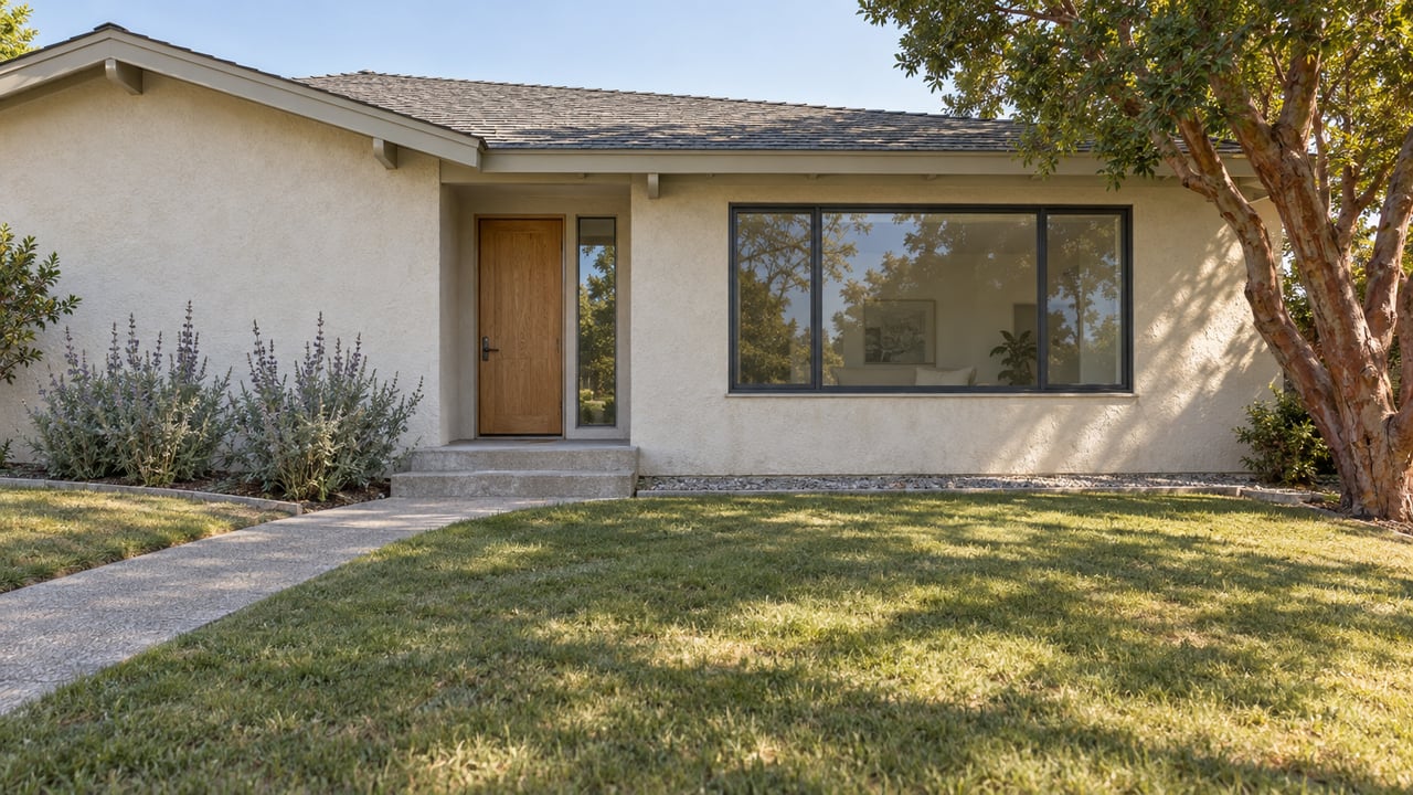 Low-gabled stucco home beyond a generous sunlit lawn, with dark-framed windows and a sculptural russet-barked tree.