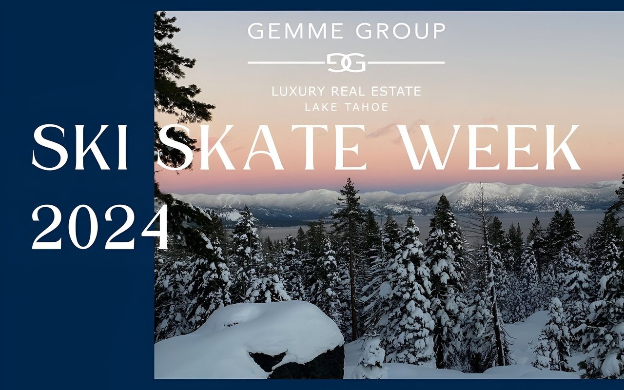 2024 Ski Skate Week promotional graphic over a snowy Lake Tahoe landscape at dusk.