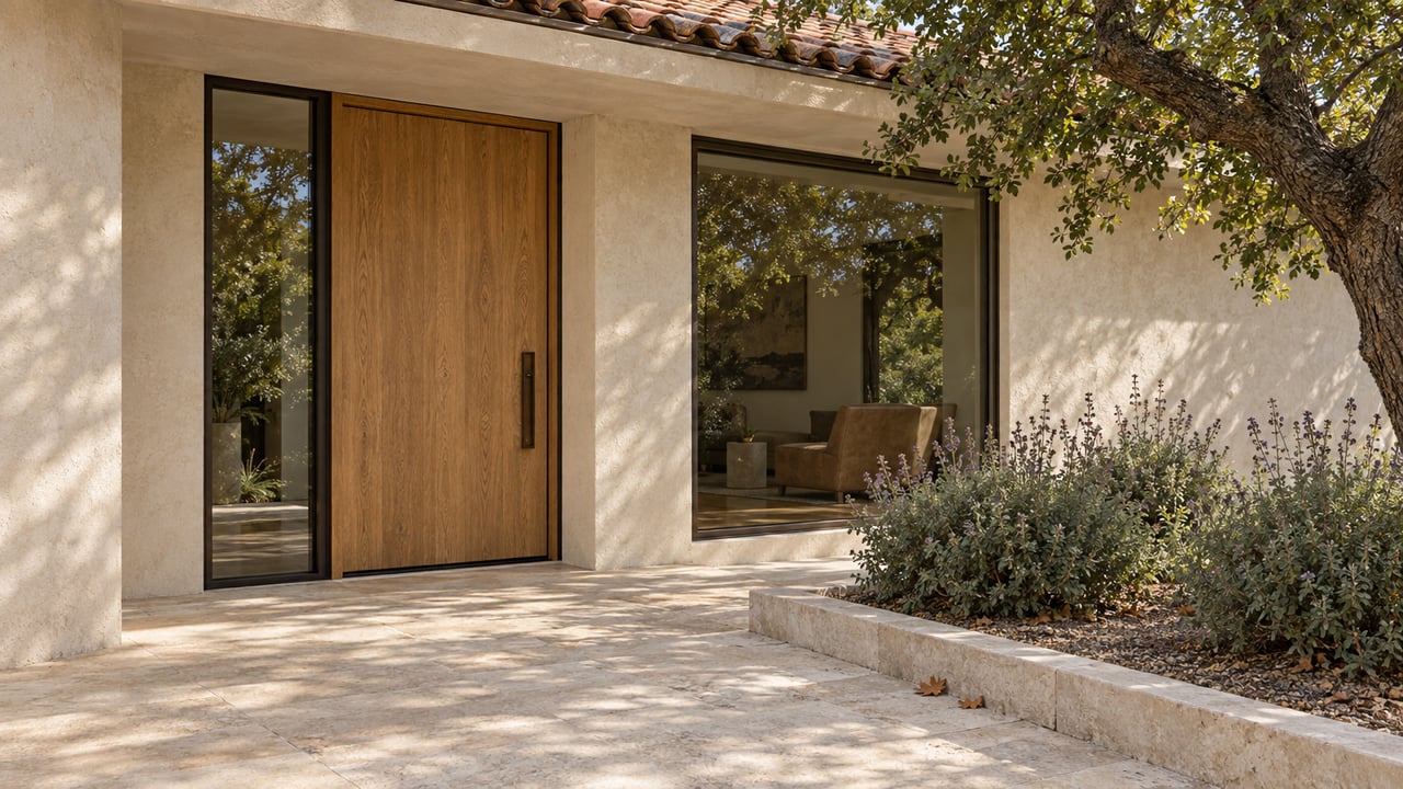 Oak entry door and bronze-framed glazing beneath a clay-tile roof, with a limestone terrace and mature oak beside flowering sage shrubs.