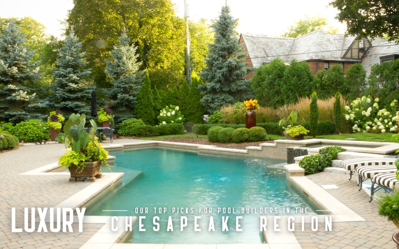 Landscaped backyard pool with pale stone coping, patio seating, and a Chesapeake Region title.