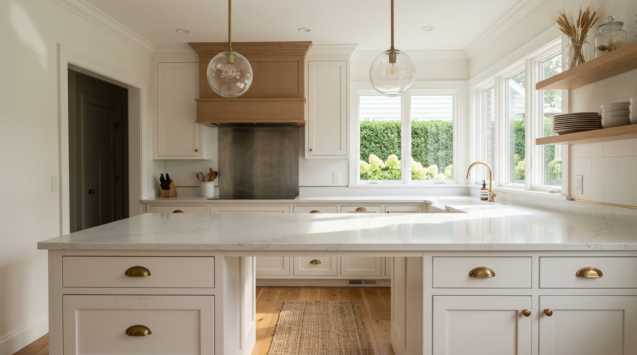 Kitchen with a white island, brass pulls, glass pendant lights, and a range wall before hedge-filled windows.