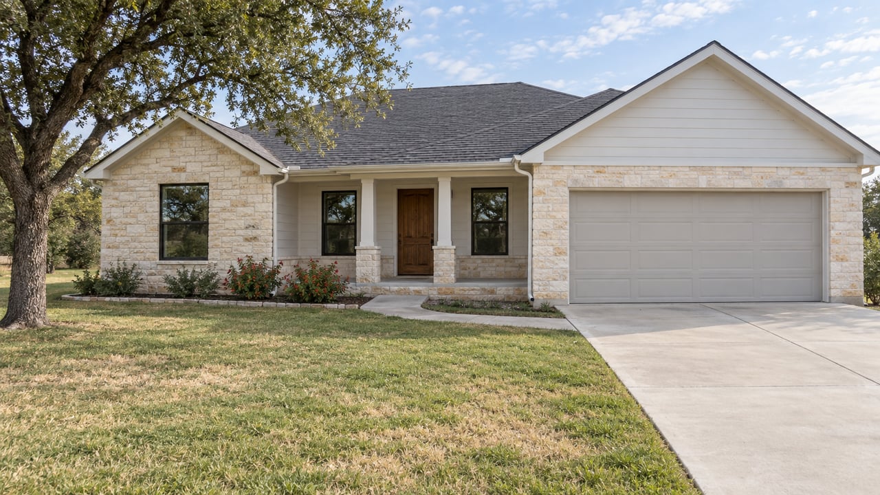 Single-story stone-and-siding home with a deep front lawn, recessed porch, and concrete driveway beneath a spreading oak.