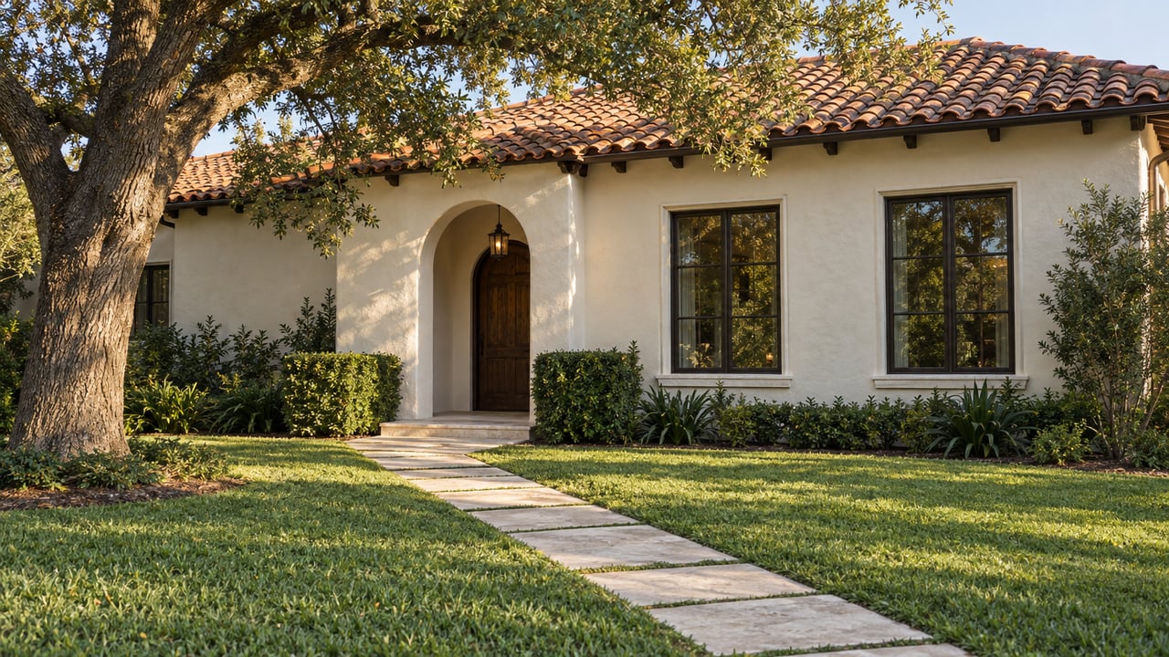 Ivory-stucco house with a terracotta-tile roof, arched entry, two windows, oak tree, and limestone path across the lawn.