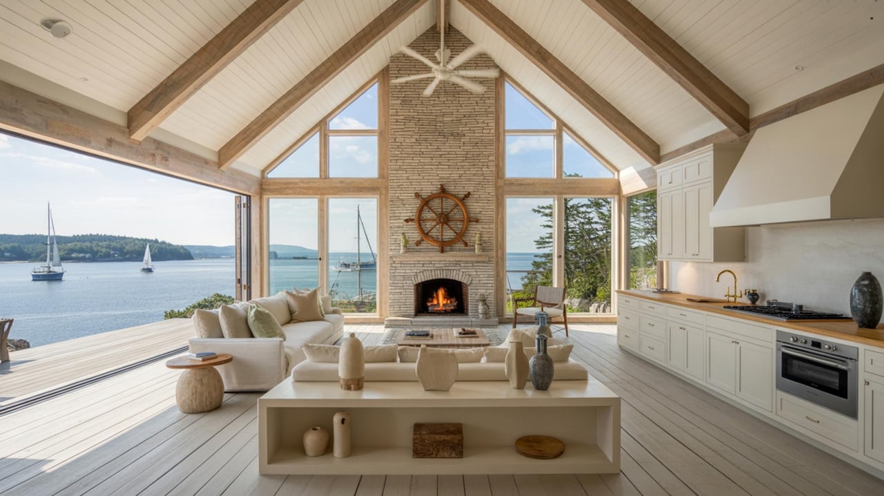 Open-plan living room and kitchen with a stone fireplace, exposed beams, and wide windows overlooking the water.