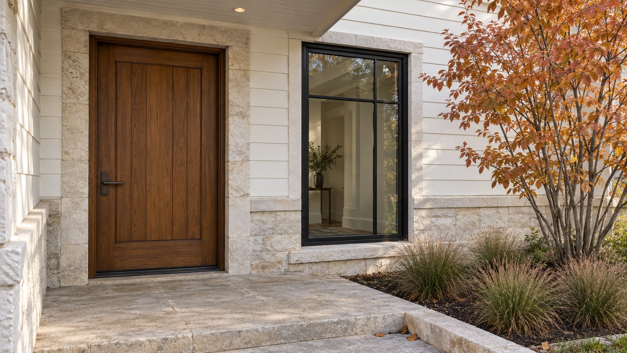 Stained-oak front door and black-framed window beside a limestone entry, with copper-orange foliage and ornamental grasses.