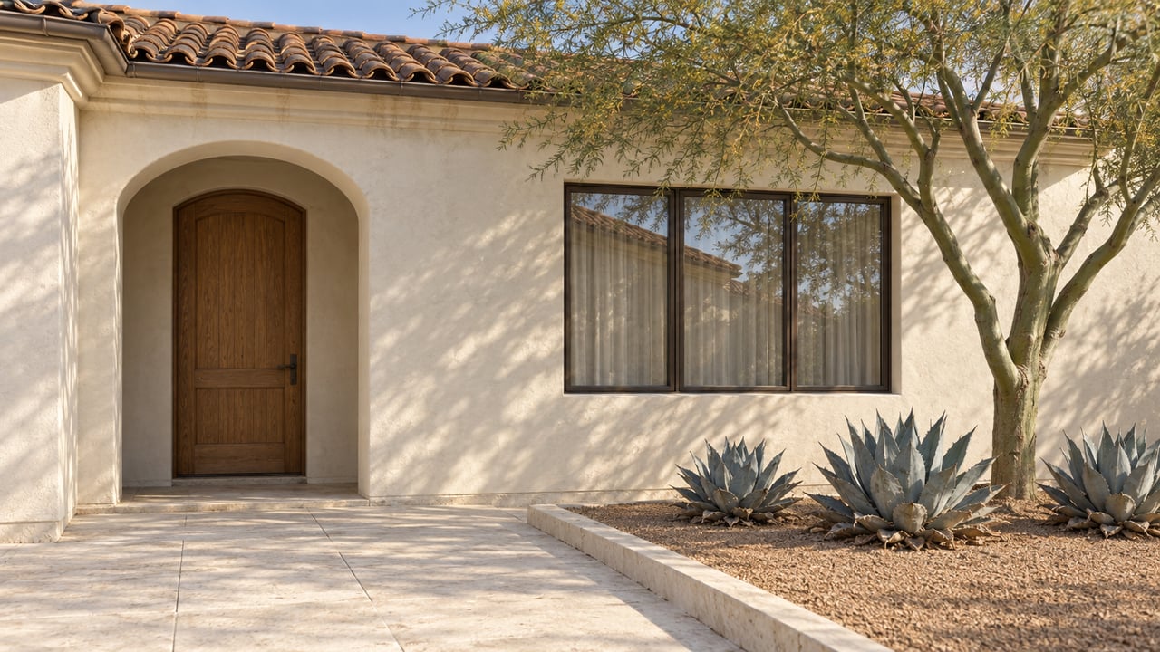 Ivory plaster home with an arched oak entry, weathered clay roof tiles, limestone approach, and a sculptural blue palo verde above three blue-gray agaves.