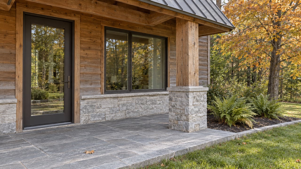 Timber-framed entrance with cedar siding, limestone porch paving and amber maple leaves beside a broad lawn.