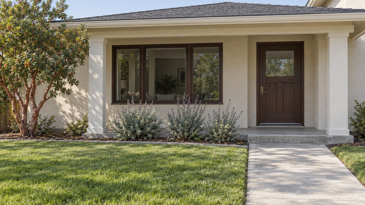 Cream single-story home with a shaded dark wood entry, broad window, front lawn and a strawberry tree beside the porch.