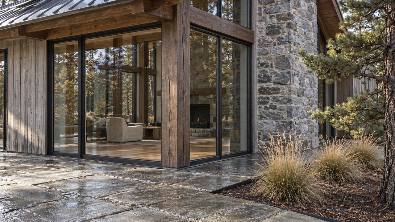 Rain-darkened stone terrace beside a timber-and-glass home, with a quartzite chimney and tawny bunchgrasses.