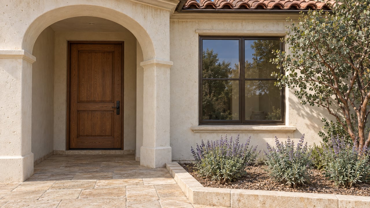 Sunlit stucco entry with an oak door, clay roof tiles, bronze-framed window and sculptural manzanita beside limestone paving.
