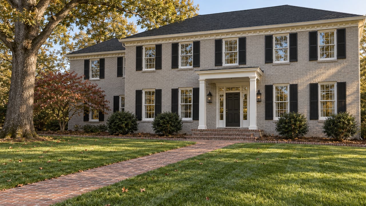 Pale painted-brick two-story home with black shutters, a columned entry and a long brick walk across a deep lawn beneath mature trees.