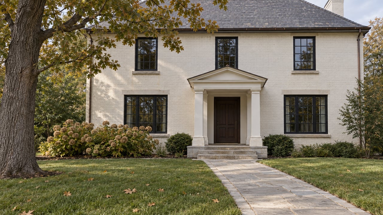 Ivory painted-brick home with a slate roof, columned entry, stone approach, and an autumn oak beside a deep front lawn.