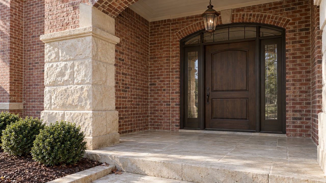 Covered brick porch with cream limestone detailing, a dark oak entry door and three rounded shrubs beside the steps.