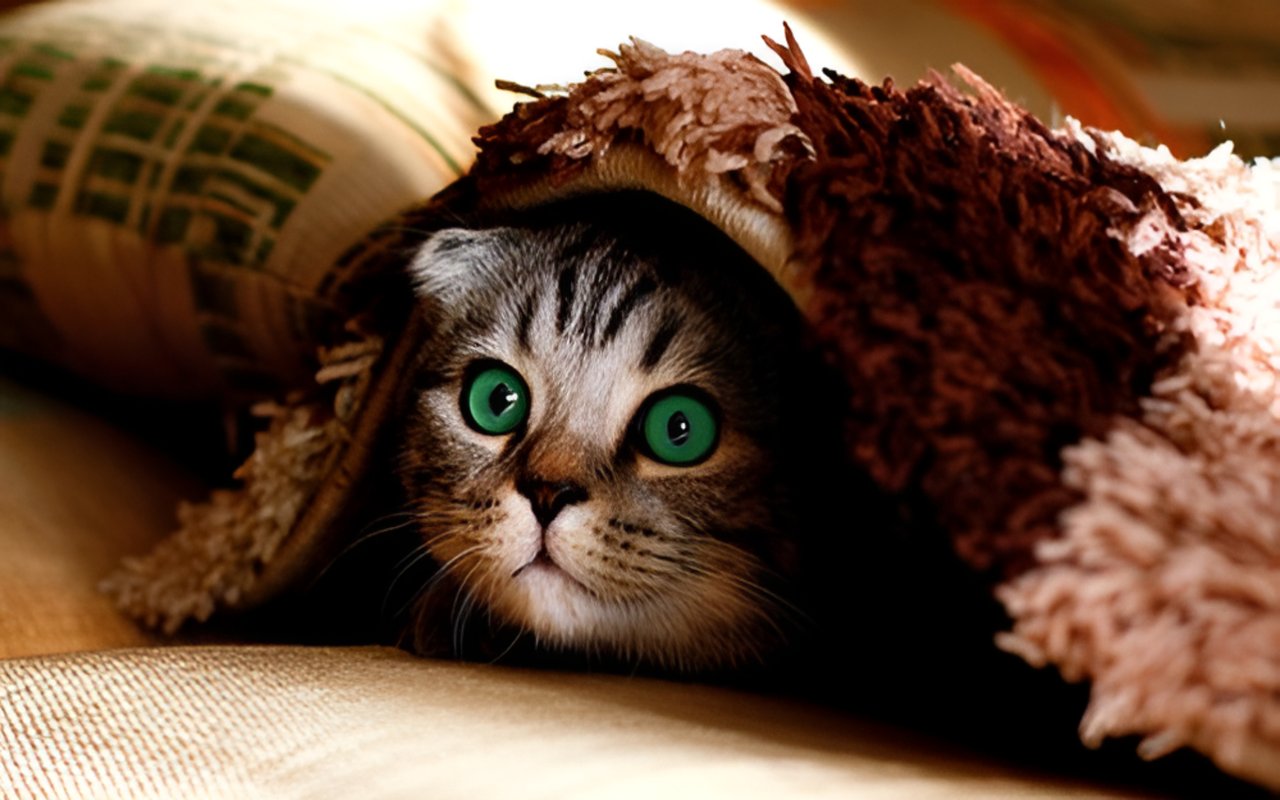 Wide-eyed tabby cat peeks out from beneath a shaggy brown blanket beside a cardboard box.