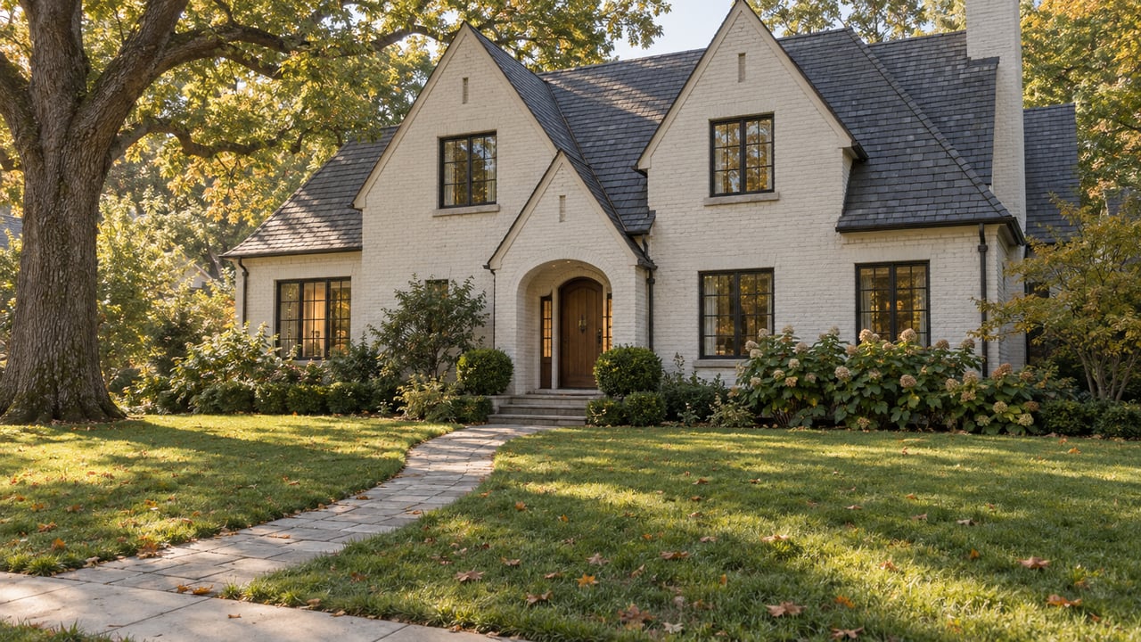 Traditional off-white brick home with gray slate gables, an arched entry, broad lawn, curving stone walk, and mature oak.