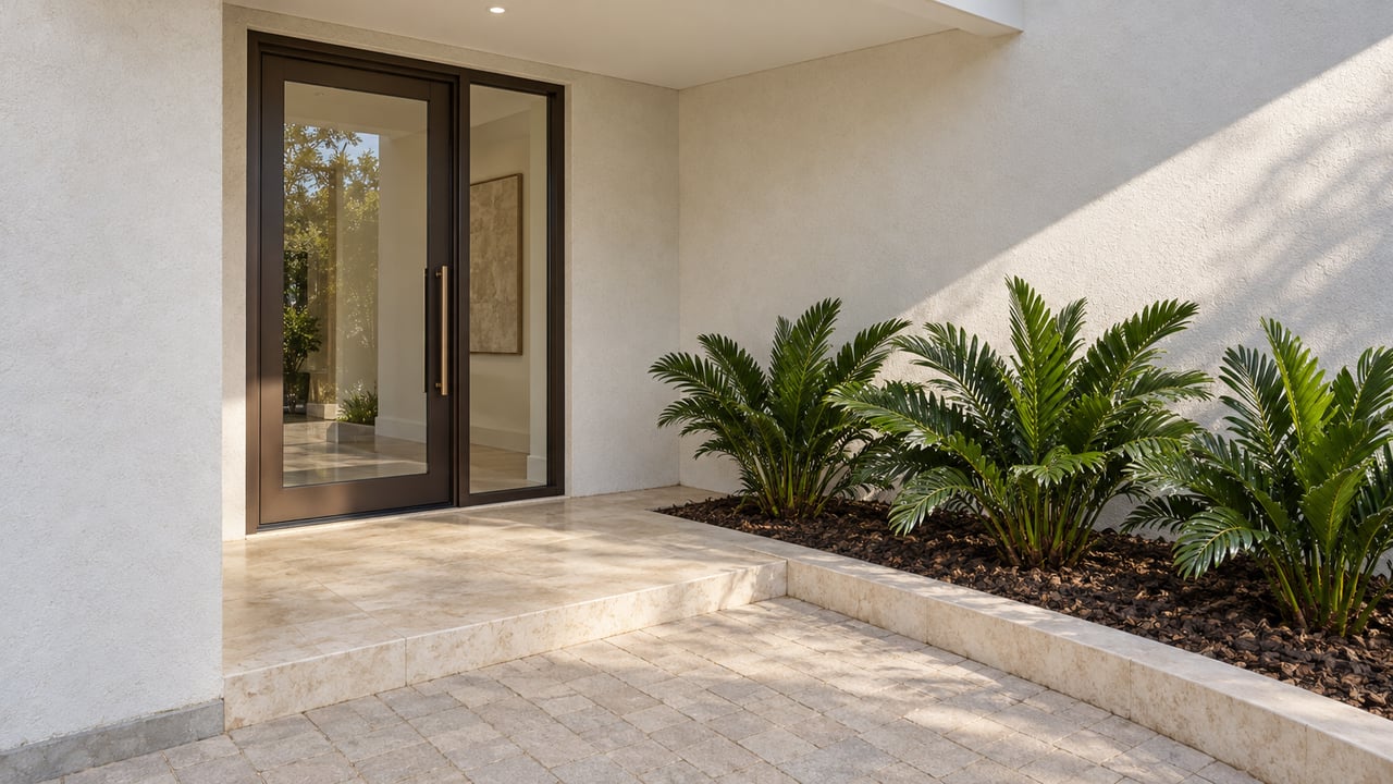 Sunlit covered home entrance with a bronze-framed glass door, cream stone paving and three coontie plants in a raised-edge bed.