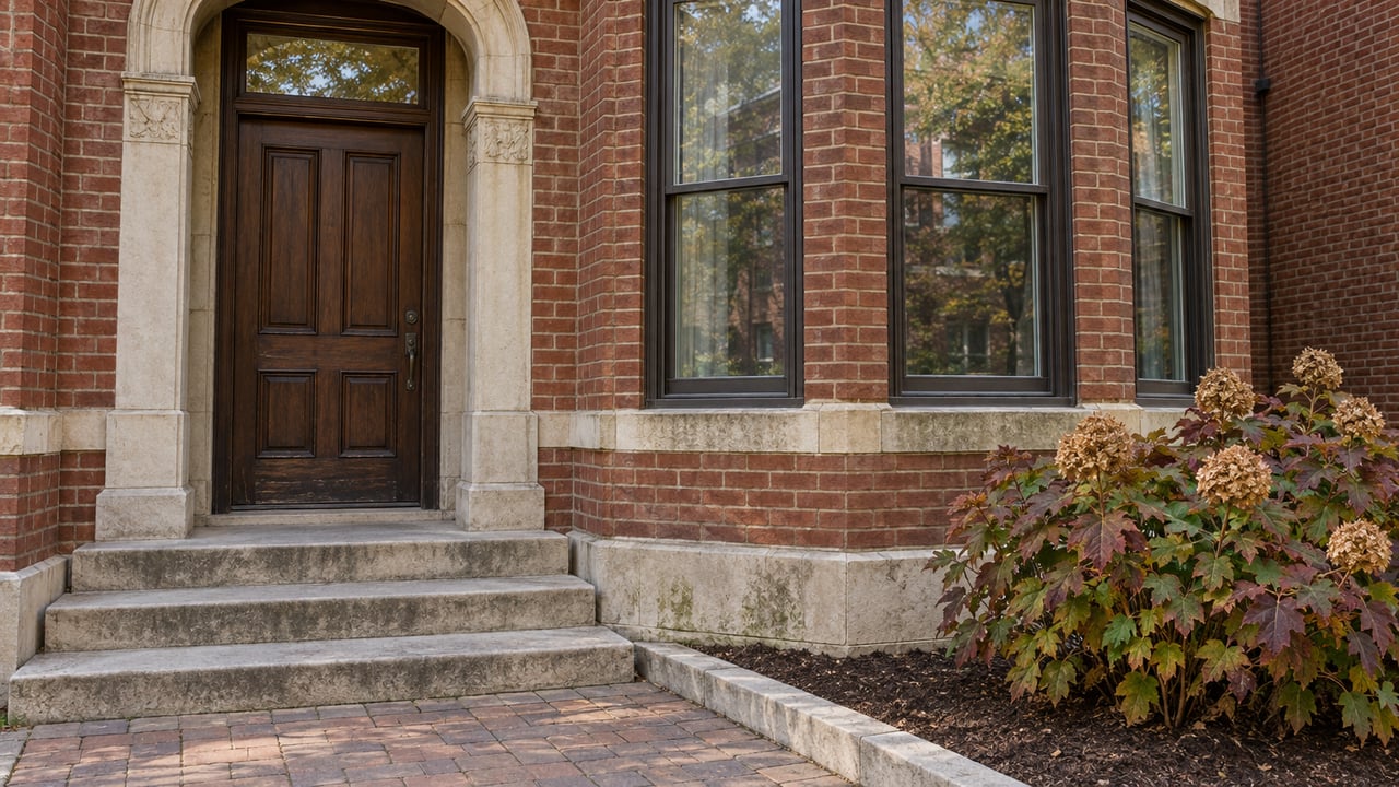 Red brick home with a carved limestone entrance, dark oak door, projecting sash-window bay and autumn oakleaf hydrangea beside a short paved approach.