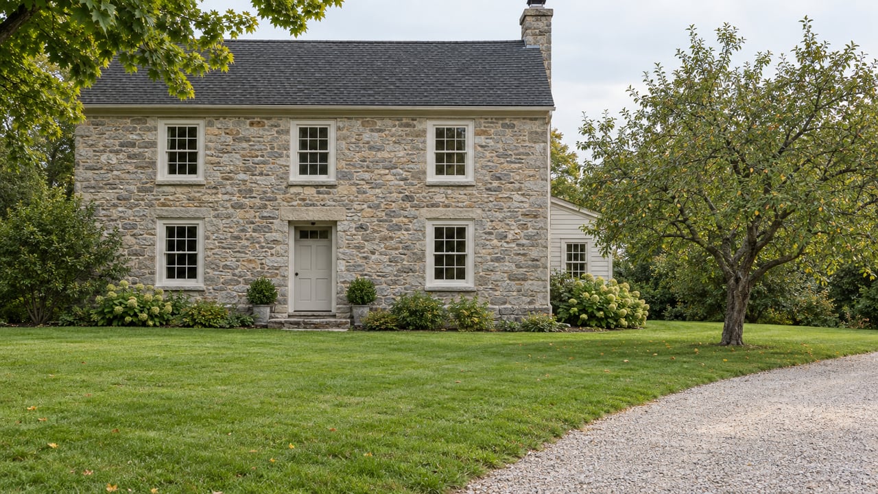 Fieldstone home with a gravel approach, broad lawn, and an apple tree beside the house.