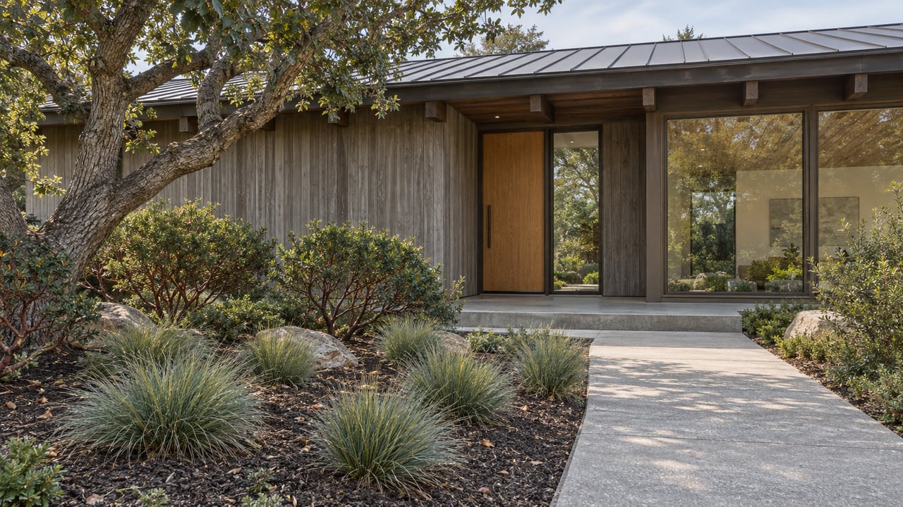 A cedar-clad single-story home with bronze-framed windows, a concrete entry path, and a mature oak above carefully spaced native planting.