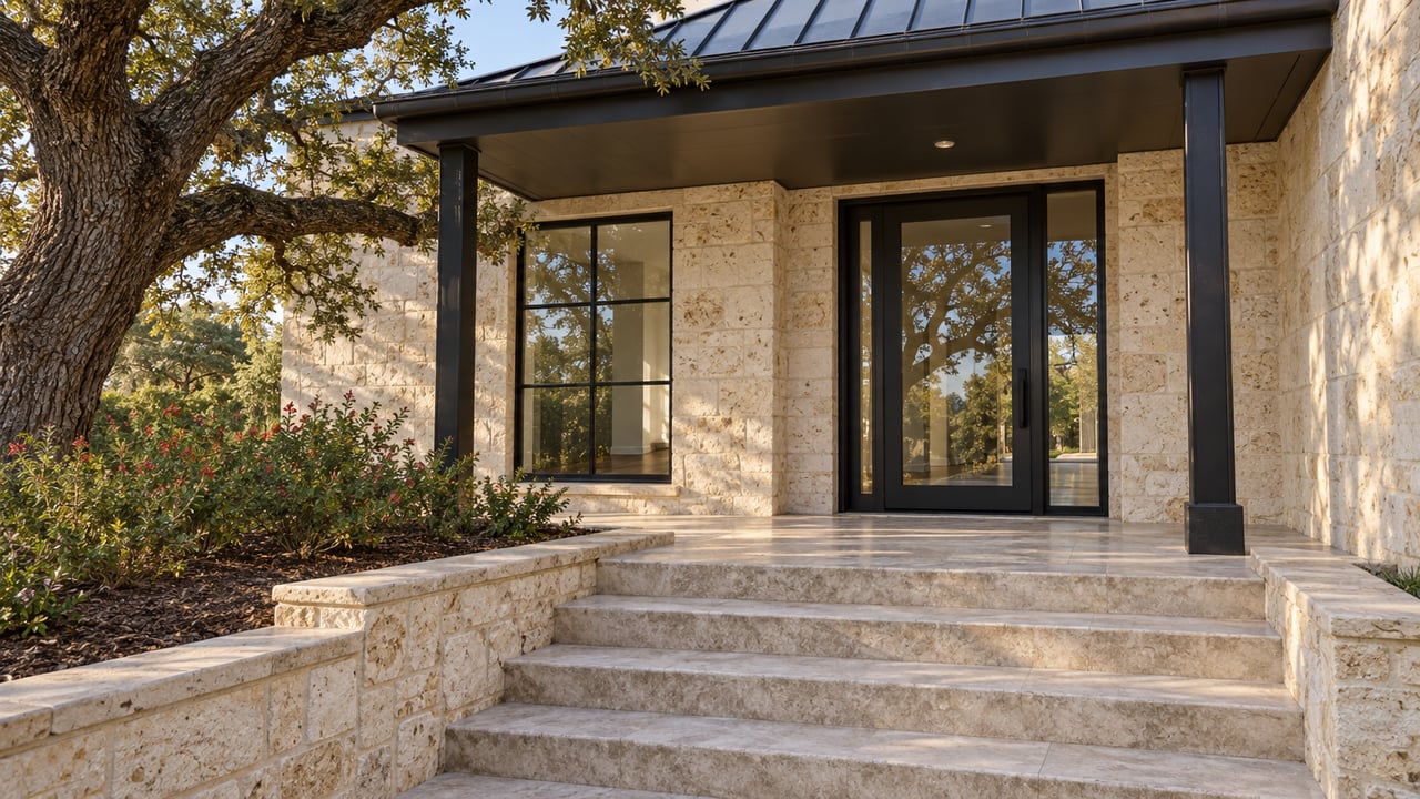 Limestone steps lead to a sheltered glass entry beneath a dark metal roof, beside a mature oak and flowering sage.
