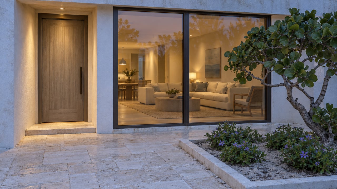 Beach-area villa entry with a weathered timber door, glazed living-room panels, and a crooked-trunk coastal tree.