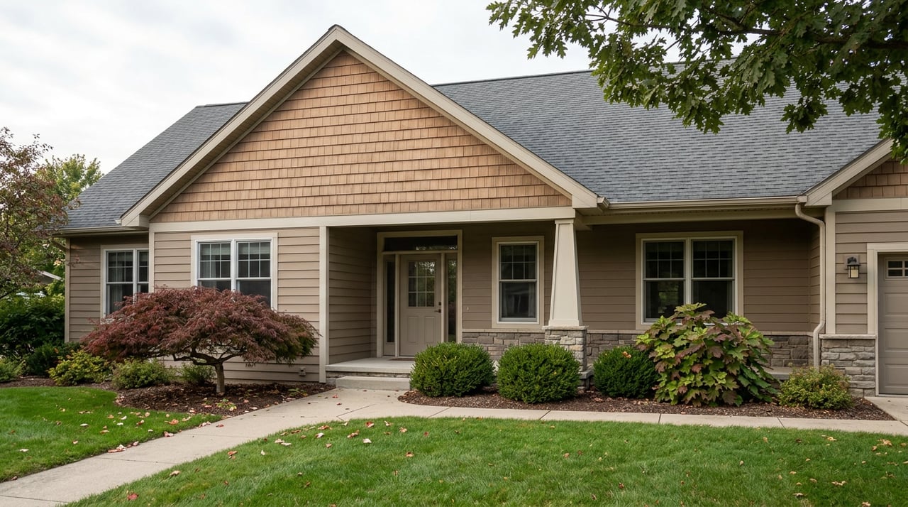 Taupe-sided home with a shake-clad gable, stone-based porch, paired windows, and oak canopy.
