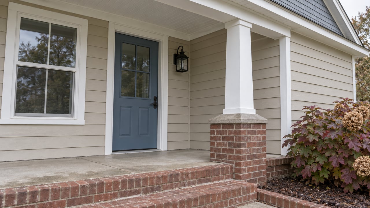 Covered porch with beige lap siding, a blue glazed entry door, red brick steps, and burgundy oakleaf hydrangea leaves.