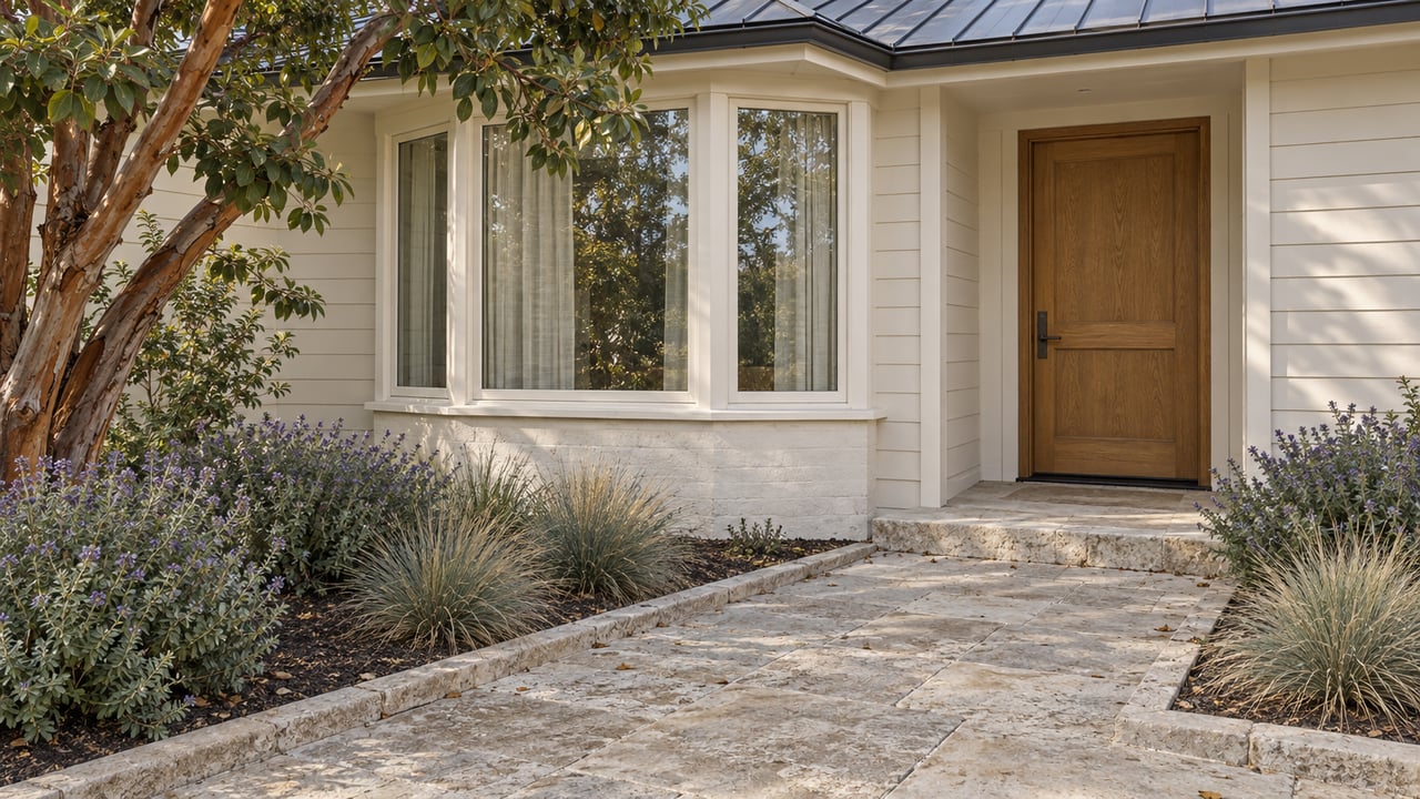 Cream-sided home with a three-pane bay window, recessed oak door, limestone path, and leafy planting.