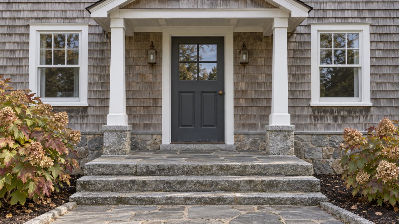 Cedar-shingled home entrance with a charcoal door, paired white windows, granite steps and autumn oakleaf hydrangeas.