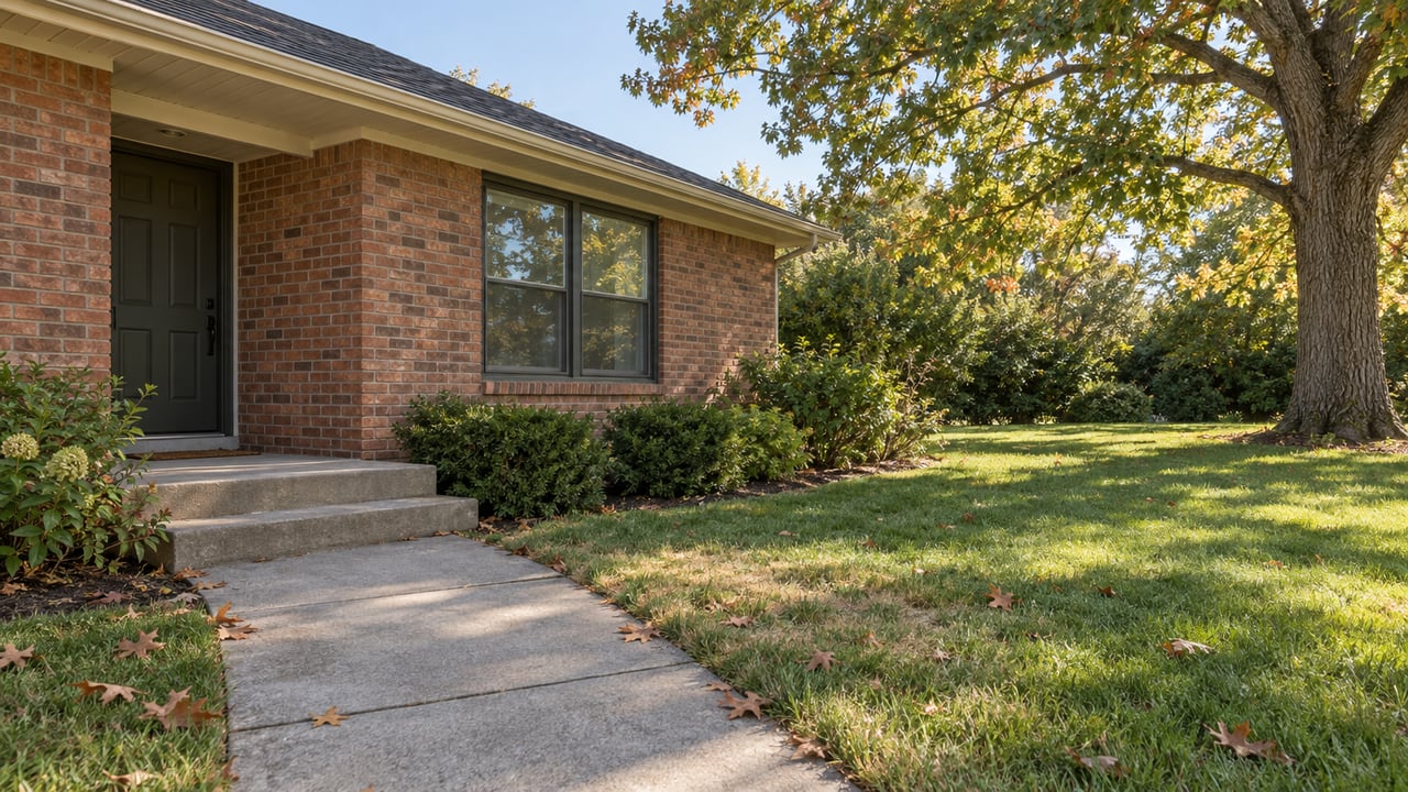Brick ranch house with a recessed entry, concrete steps, broad lawn, and white oak tree.