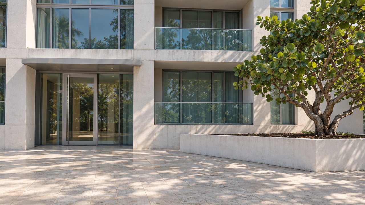 Close architectural view of a pale concrete residential tower with inset glass balconies, a shaded glazed entrance, and one sculptural sea grape tree in a raised masonry bed.